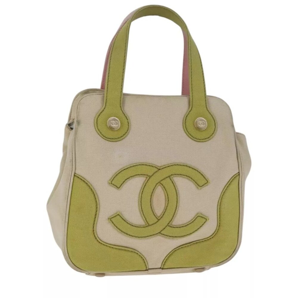 CHANEL Hand Bag Canvas Beige Green CC Auth